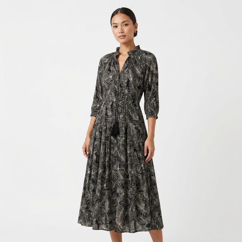 Easel  Black beige Palm Print crinkle Maxi  Dress Tassel Tiered Small oversized